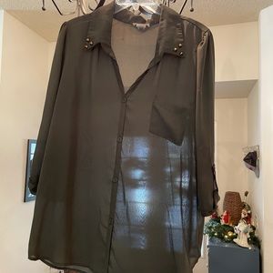 Opaque olive green top with collar embellishment Size L